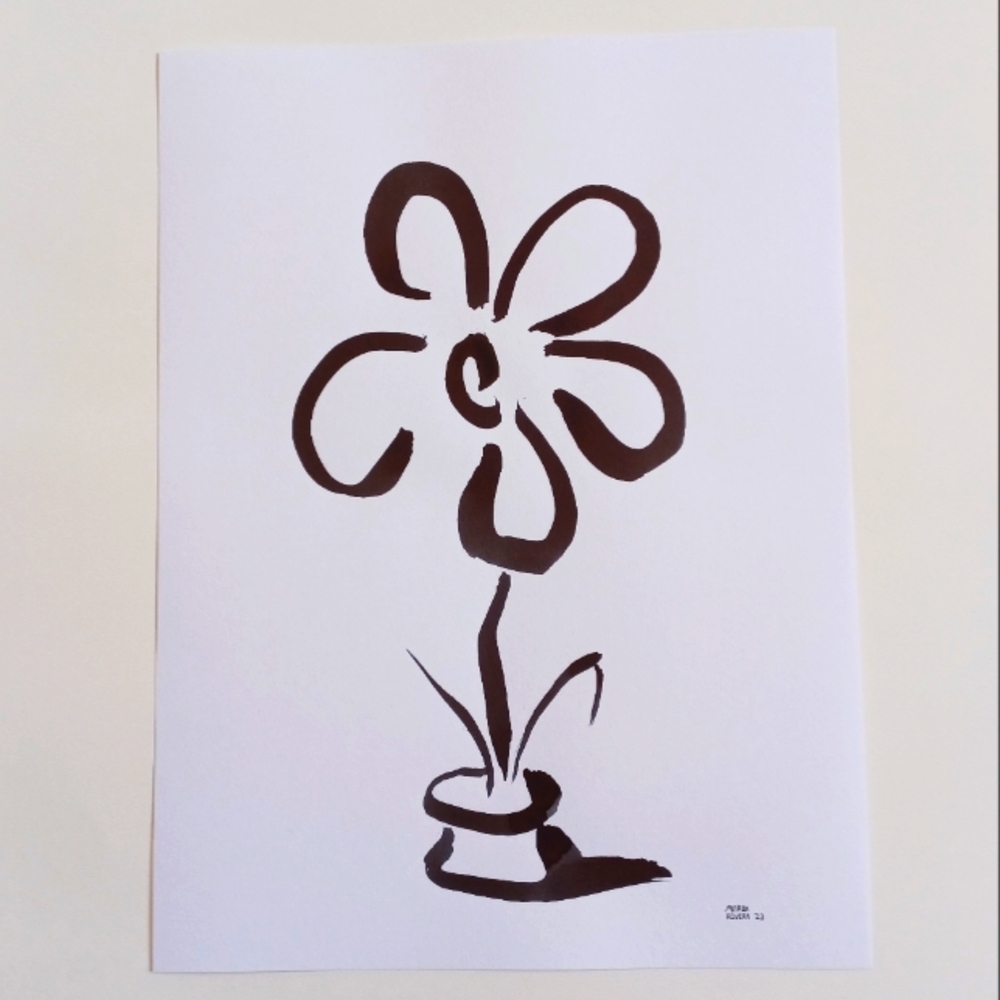 ORIGINAL ART Bold Flower Pot by Maria Rivera. 9x12" Black Ink Wall Art Painting - Picture 1 of 8